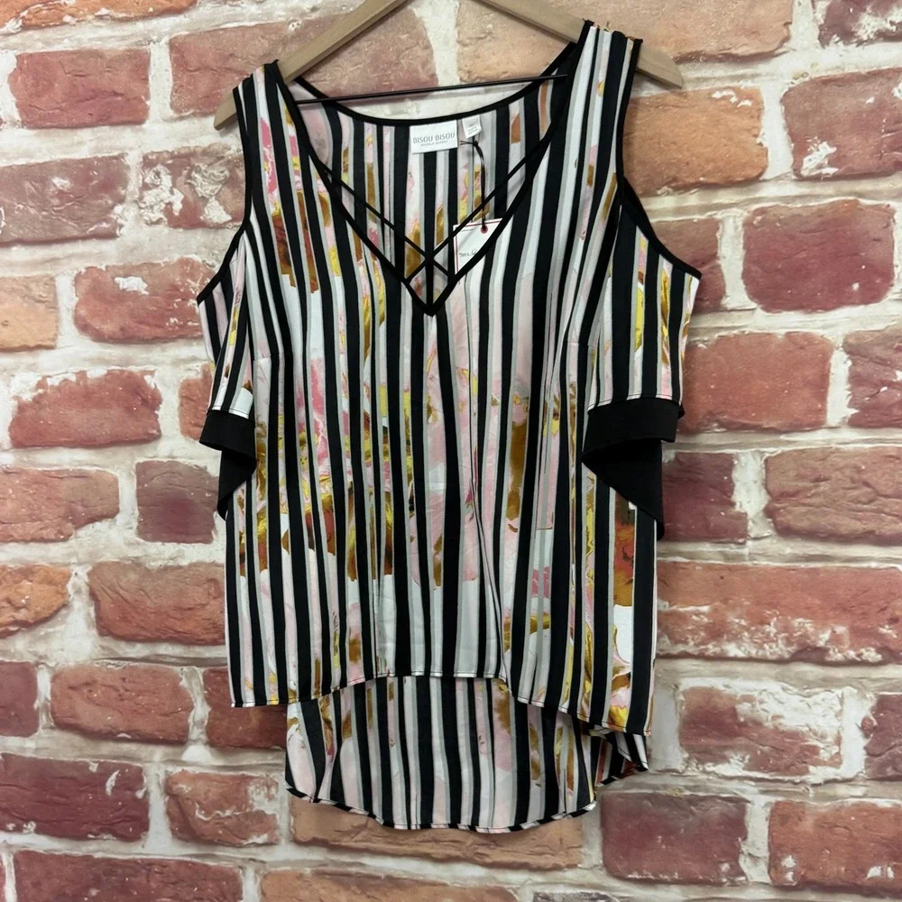 Bisou Bisou Tunic Top Women's M Multicolor Striped Floral Cold Shoulder Shirt - Picture 3 of 9
